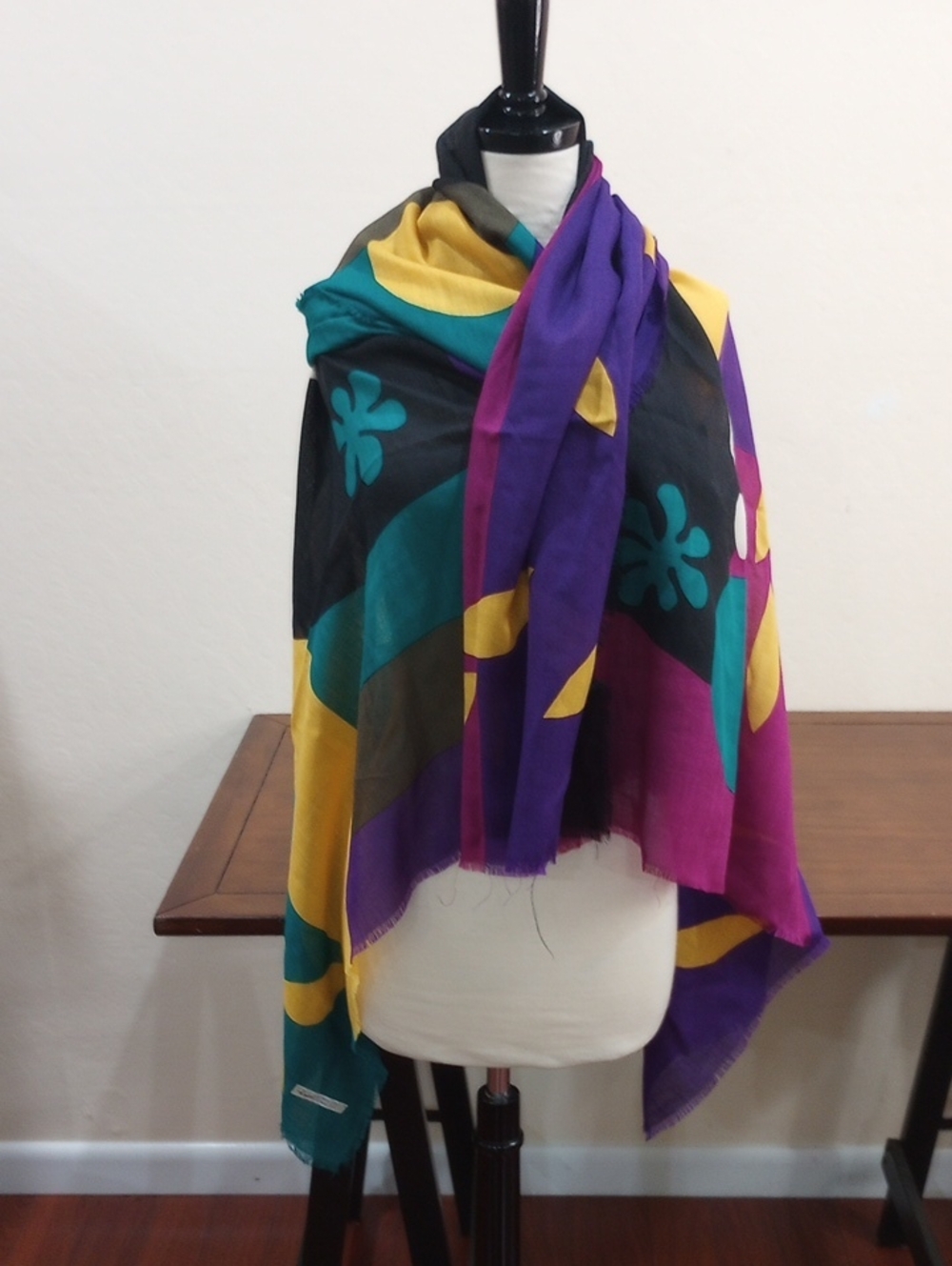 Renard Bold Abstract Wool And Silk Blend Scarf 54" x 54" - Vintage